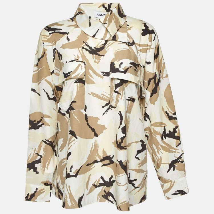 Pre Owned Kenzo Beige Camouflage Print Silk Blend Asymmetric Shirt S