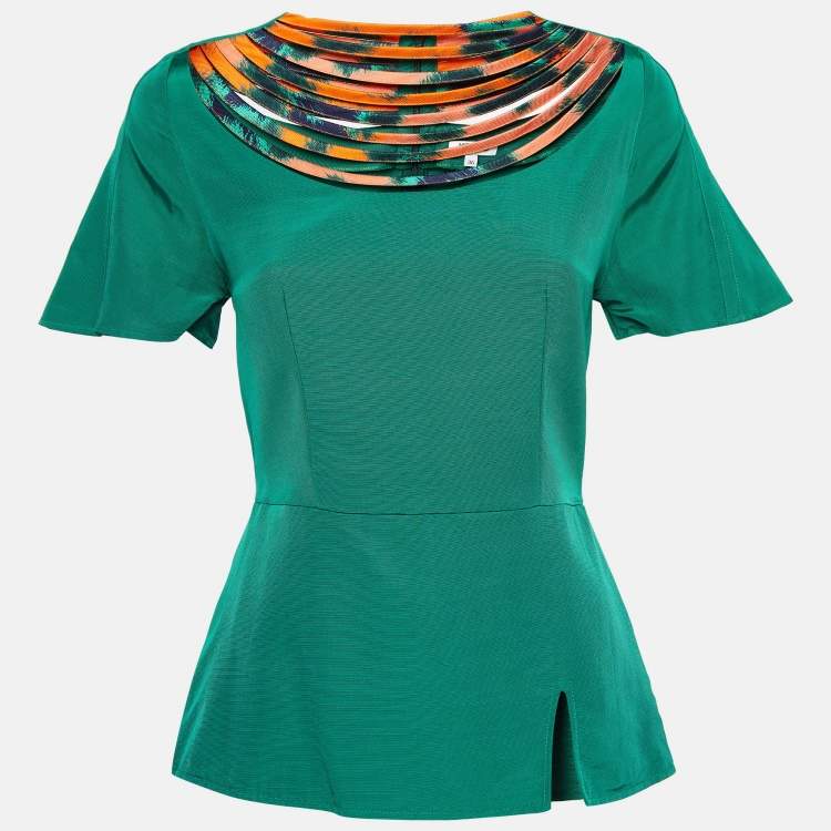 Pre Owned Kenzo Green Cotton Blend Patterned Neck Top S