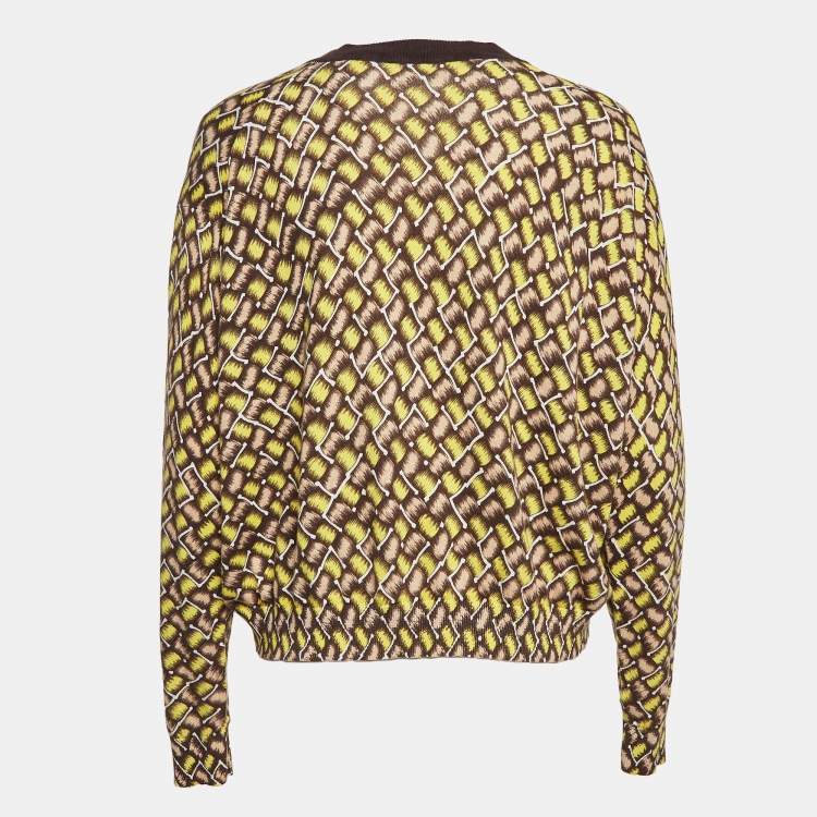 Pre Owned Kenzo Yellow Patterned Cotton Knit V-Neck Sweater S