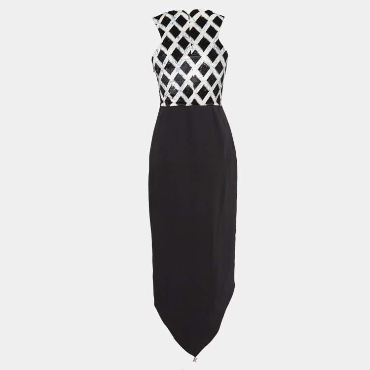 Pre Owned Kenzo Black Printed Velvet and Stretch Crepe Asymmetric Midi Dress S