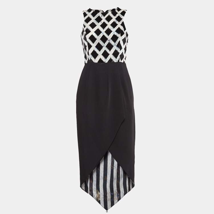 Pre Owned Kenzo Black Printed Velvet and Stretch Crepe Asymmetric Midi Dress S