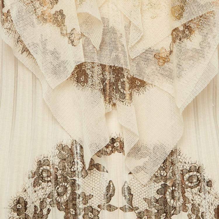 Pre Owned Kenzo Beige Printed Jersey and Mesh Ruffle Trimmed T-Shirt XL