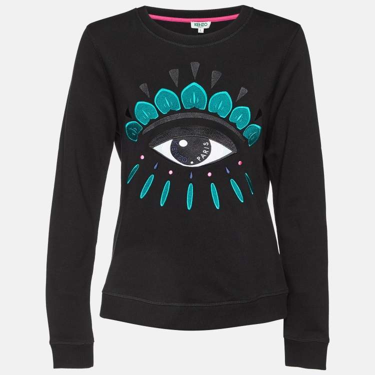 Pre Owned Kenzo Black Eye Embroidered Cotton Crew Neck Sweatshirt L