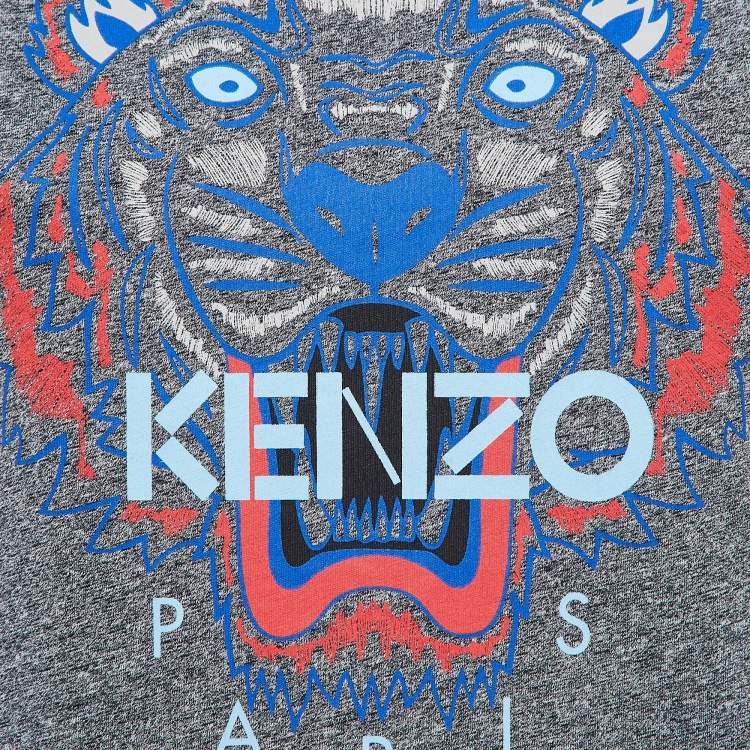 Pre Owned Kenzo Grey Lion Print Melange Knit T-Shirt S