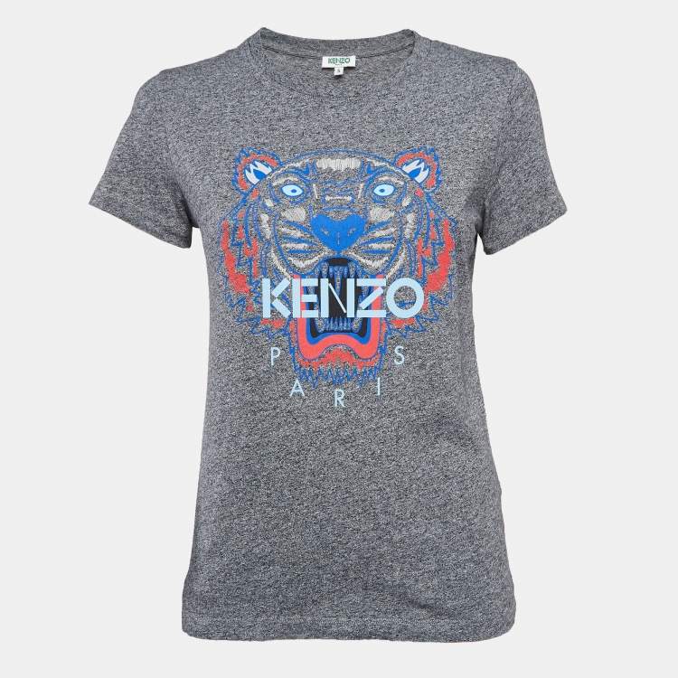 Pre Owned Kenzo Grey Lion Print Melange Knit T-Shirt S