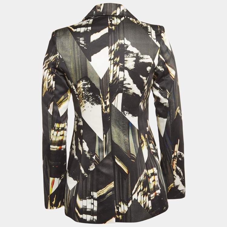 Pre Owned Kenzo Black Printed Gabardine Button Front Blazer S