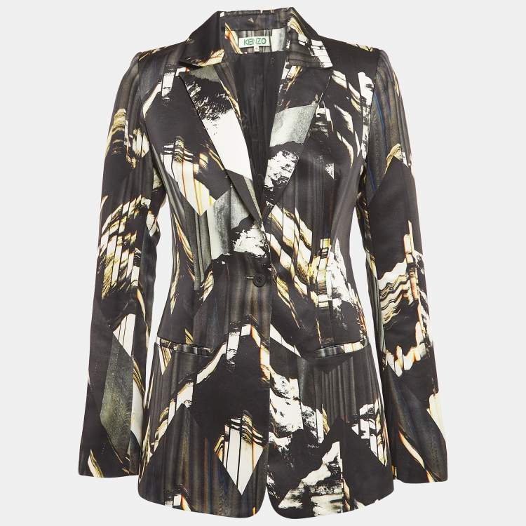 Pre Owned Kenzo Black Printed Gabardine Button Front Blazer S