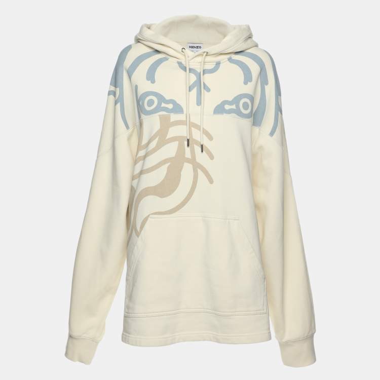 Pre Owned Kenzo Cream Printed Cotton Knit Hoodie Sweatshirt L