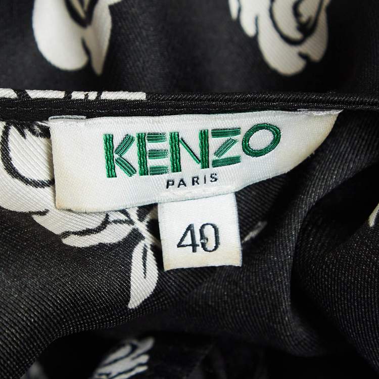 Pre Owned Kenzo Blue/Black Rose Print Crepe Ruffled Midi Dress M