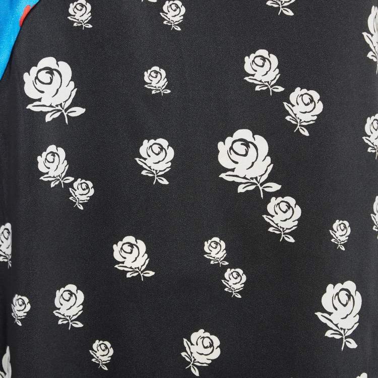 Pre Owned Kenzo Blue/Black Rose Print Crepe Ruffled Midi Dress M