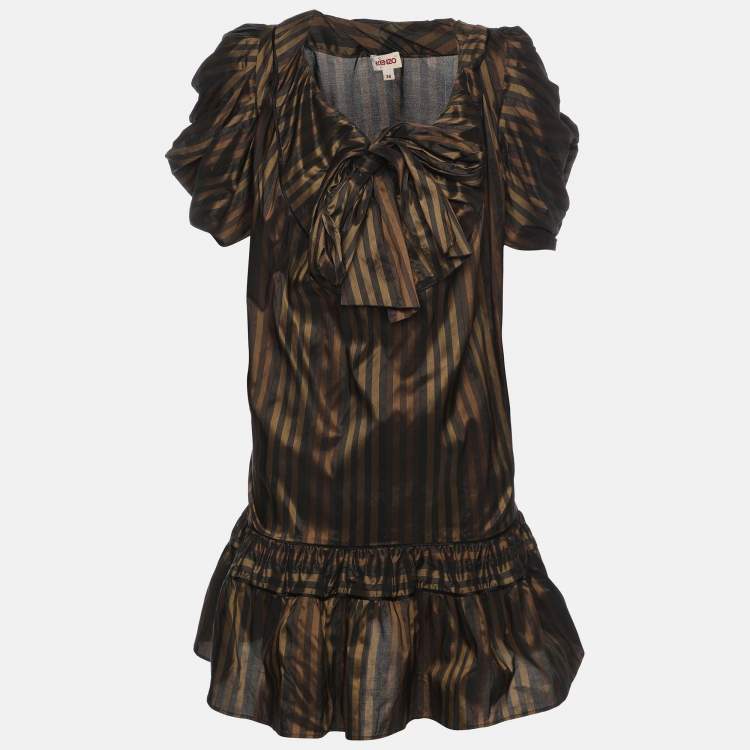 Pre Owned Kenzo Brown Striped Silk Blend Bow Detail Ruffled Blouse S