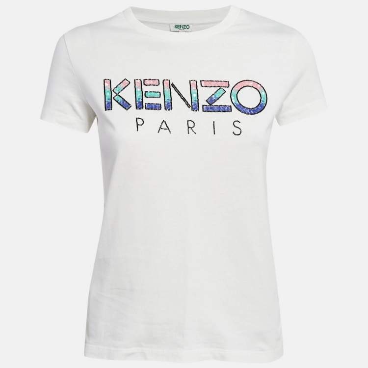 Pre Owned Kenzo White Embellished Logo Jersey T-shirt S