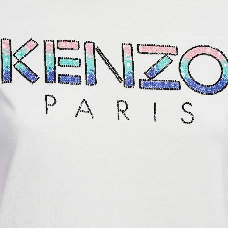Pre Owned Kenzo White Embellished Logo Jersey T-shirt S