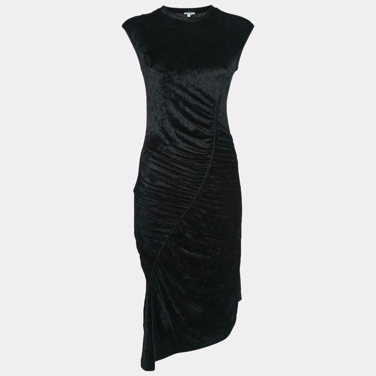 Pre Owned Kenzo Black Stretch Velour Ruched Asymmetric Midi Dress S