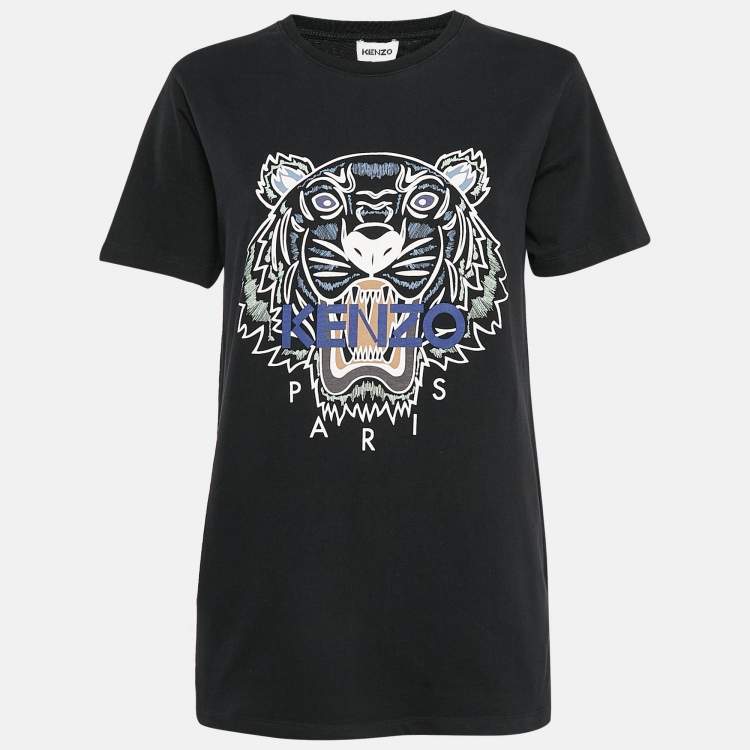 Pre Owned Kenzo Black Tiger Print Jersey Crew Neck T-Shirt M