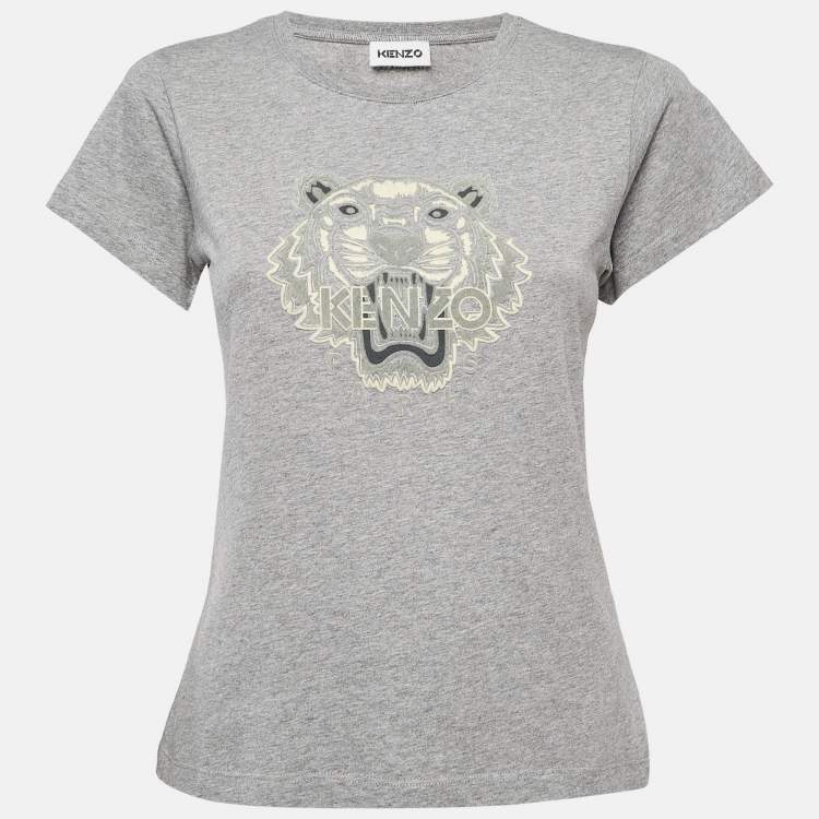 Pre Owned Kenzo Grey Tiger Logo Flocked Jersey T-Shirt S
