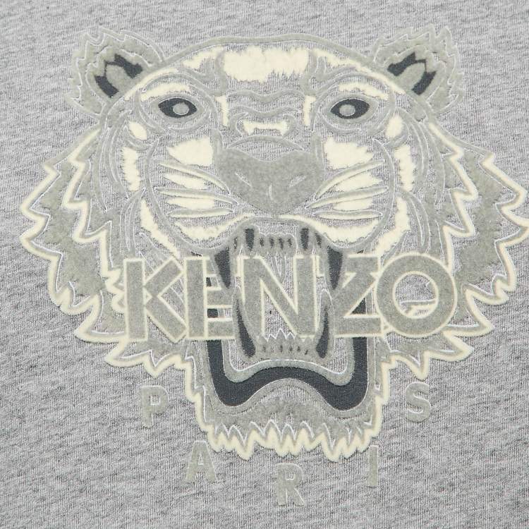 Pre Owned Kenzo Grey Tiger Logo Flocked Jersey T-Shirt S