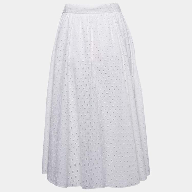 Pre Owned Kenzo White Broderie Anglaise Cotton Belted Midi Skirt S