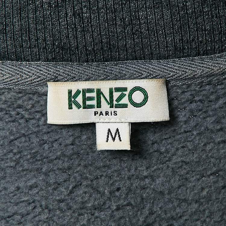 Pre Owned Kenzo Grey Tiger Embroidered Cotton Knit Zip-Up Hoodie M