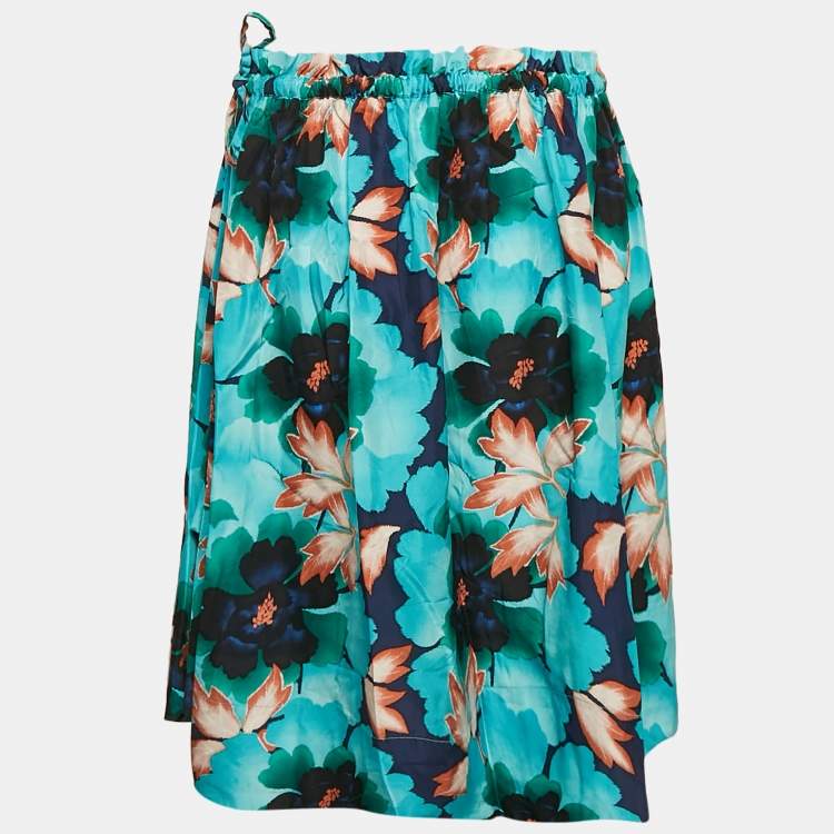 Pre Owned Kenzo Blue Floral Print Silk Midi Skirt M