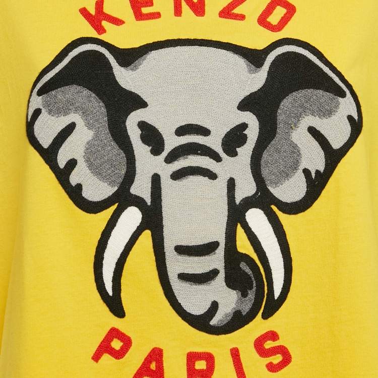 Pre Owned Kenzo Yellow Elephant Applique Cotton Jersey T-Shirt M