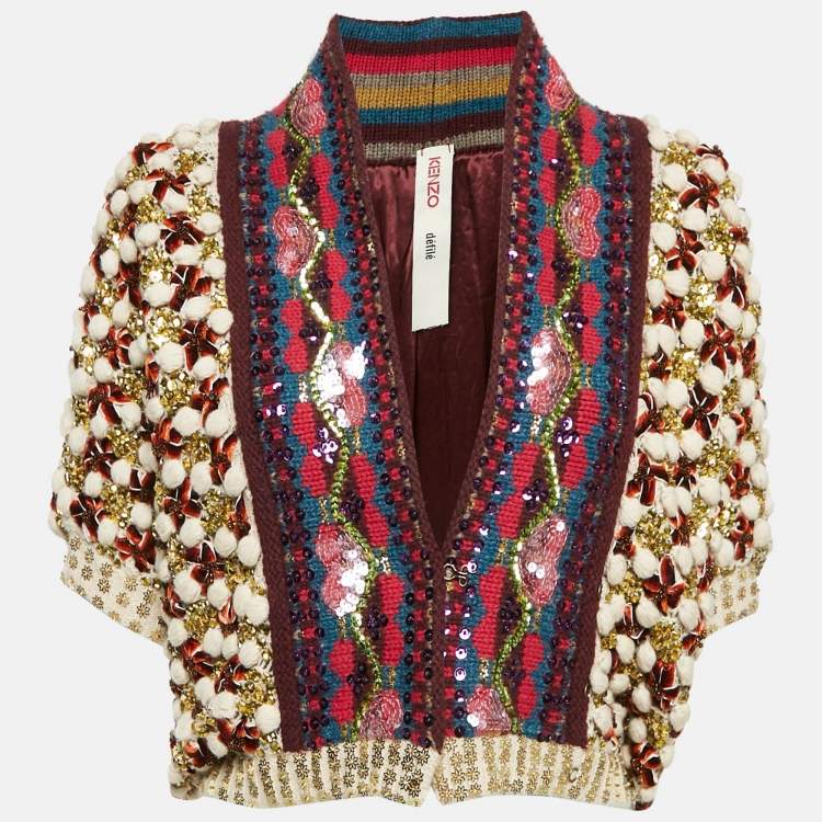 Pre Owned Kenzo défilé Beige Sequin Embellished Heavy Knit Crop Cardigan M