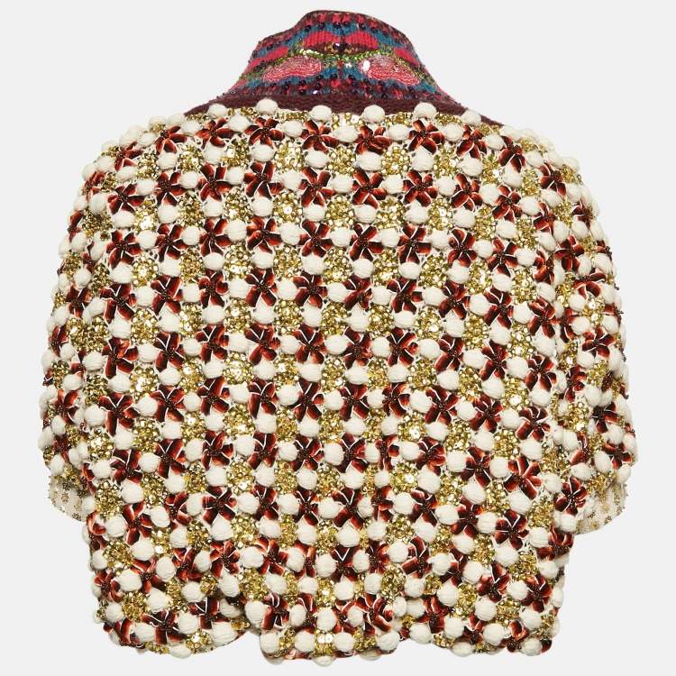 Pre Owned Kenzo défilé Beige Sequin Embellished Heavy Knit Crop Cardigan M