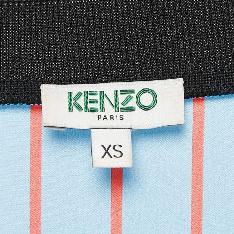 Pre Owned Kenzo Blue Hyper Stripe Print Satin Silk V-Neck Shift Dress XS