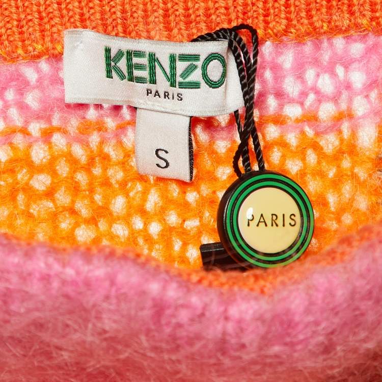 Pre Owned Kenzo Orange Colorblock Mohair Wool Knit Midi Skirt S