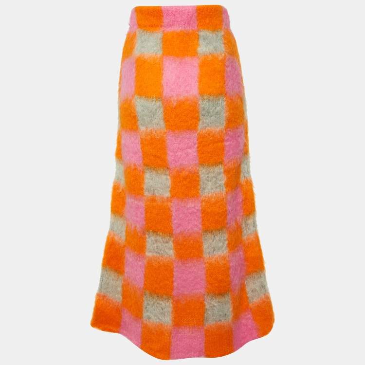 Pre Owned Kenzo Orange Colorblock Mohair Wool Knit Midi Skirt S