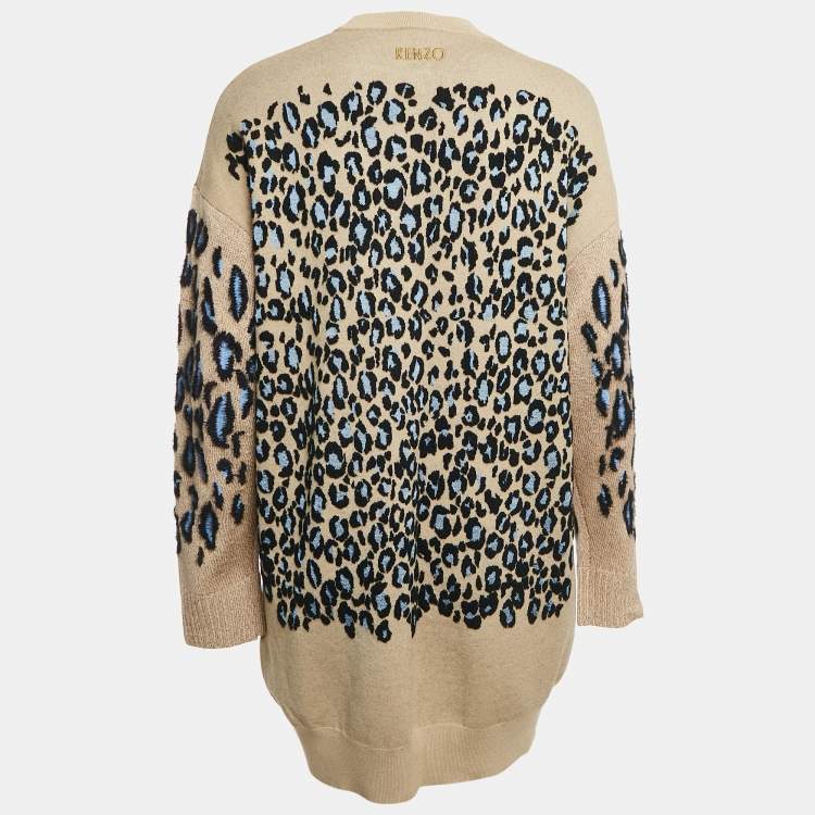 Pre Owned Kenzo Camel Brown Tiger Pattern Wool Blend Knit Mini Dress S