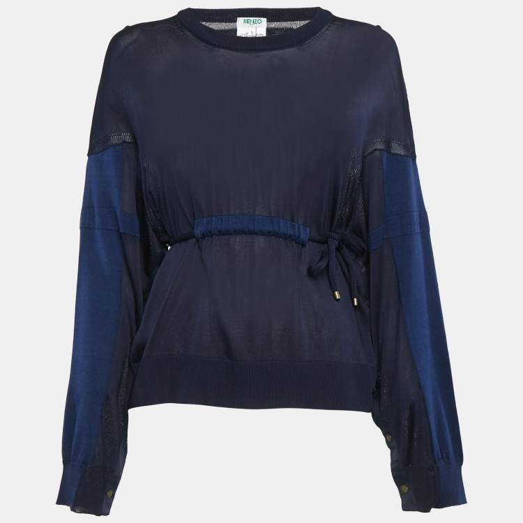 Pre Owned Kenzo Blue Knit Drawstring Sheer Sweater S