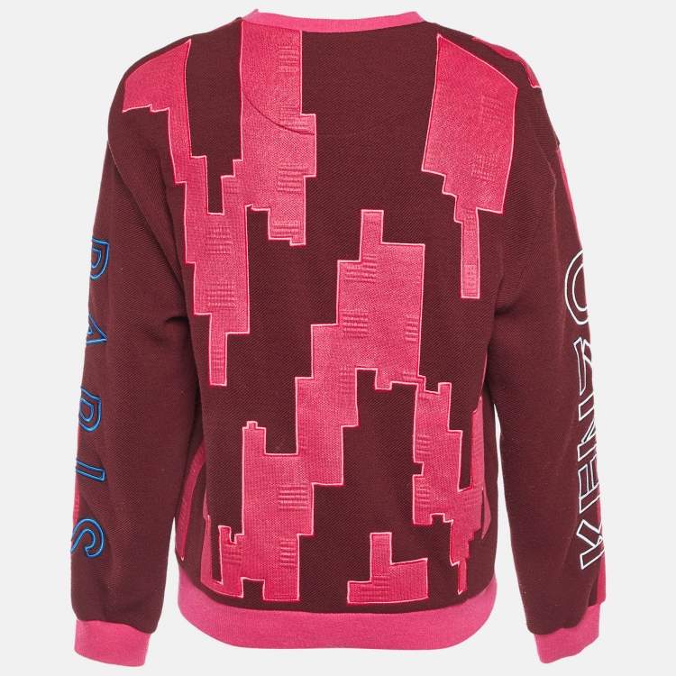 Pre Owned Kenzo Burgundy/Pink Block Pattern Wool Sweatshirt L