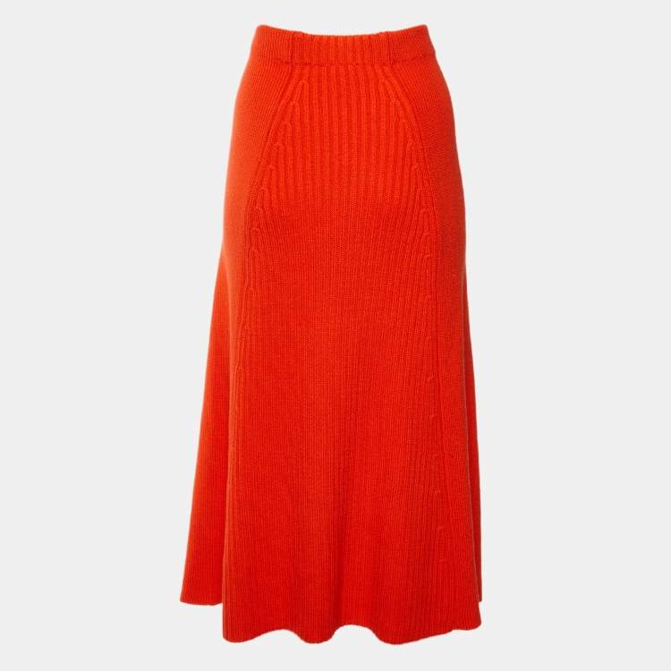 Pre Owned Kenzo Orange Wool Rib Knit Midi Skirt L
