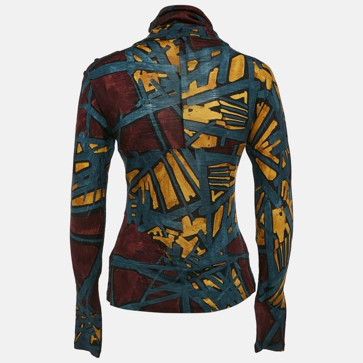 Pre Owned Kenzo Brown/Blue Printed Jersey High Neck Top L
