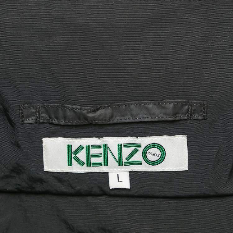 Pre Owned Kenzo Black Logo Print Synthetic Concealed Hood Windbreaker Jacket L