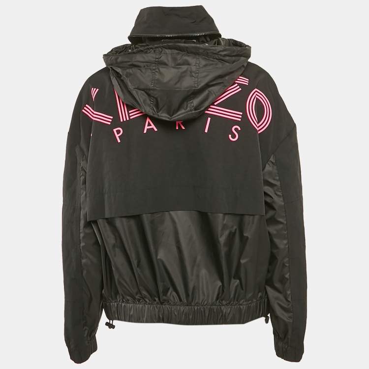 Pre Owned Kenzo Black Logo Print Synthetic Concealed Hood Windbreaker Jacket L