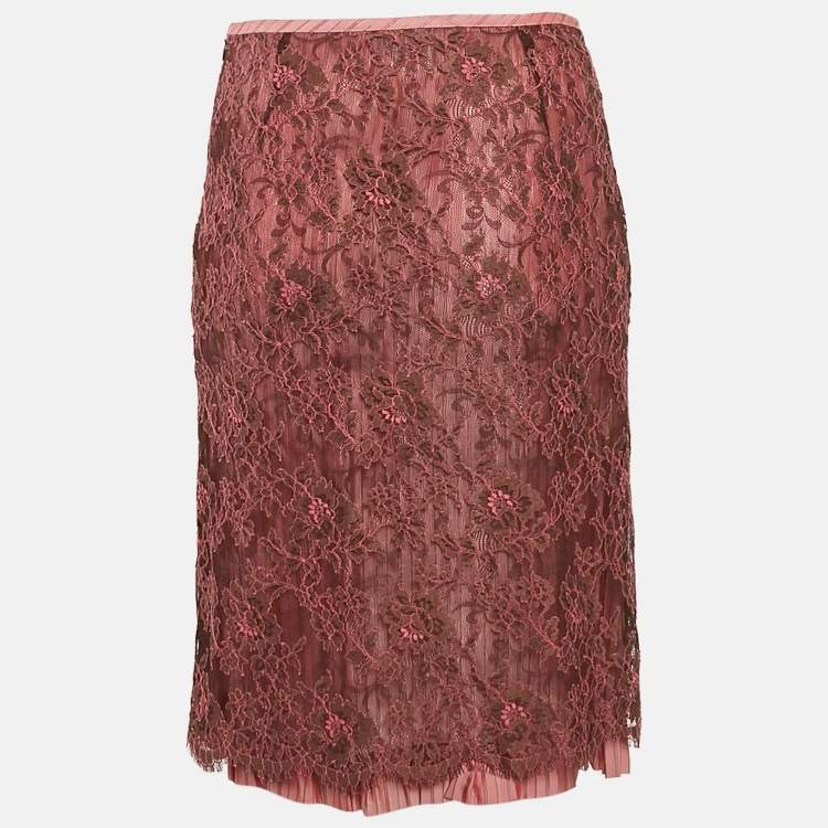 Pre Owned Kenzo Pink Floral Lace and Nylon Ruffled Short Skirt M
