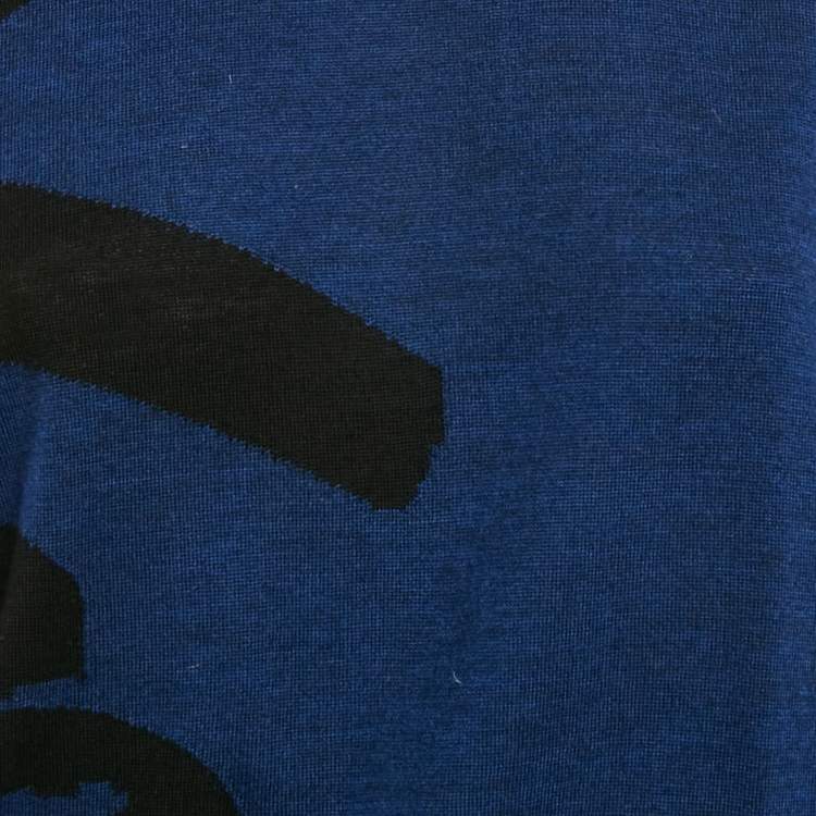 Pre Owned Kenzo Blue Logo Intarsia Wool Knit Crewneck Sweater M
