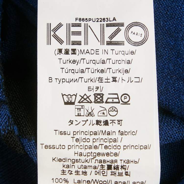 Pre Owned Kenzo Blue Logo Intarsia Wool Knit Crewneck Sweater M
