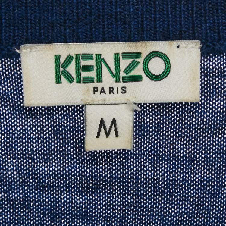 Pre Owned Kenzo Blue Logo Intarsia Wool Knit Crewneck Sweater M