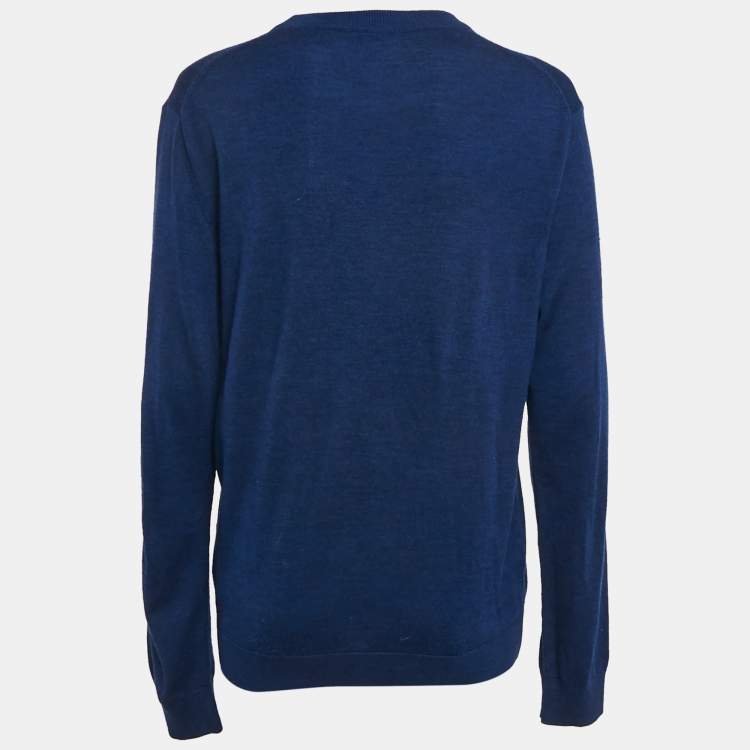 Pre Owned Kenzo Blue Logo Intarsia Wool Knit Crewneck Sweater M