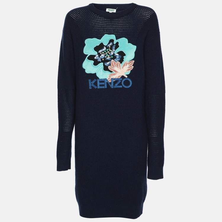 Pre Owned Kenzo Navy Blue Wool Knit Logo Embellished Sweater S