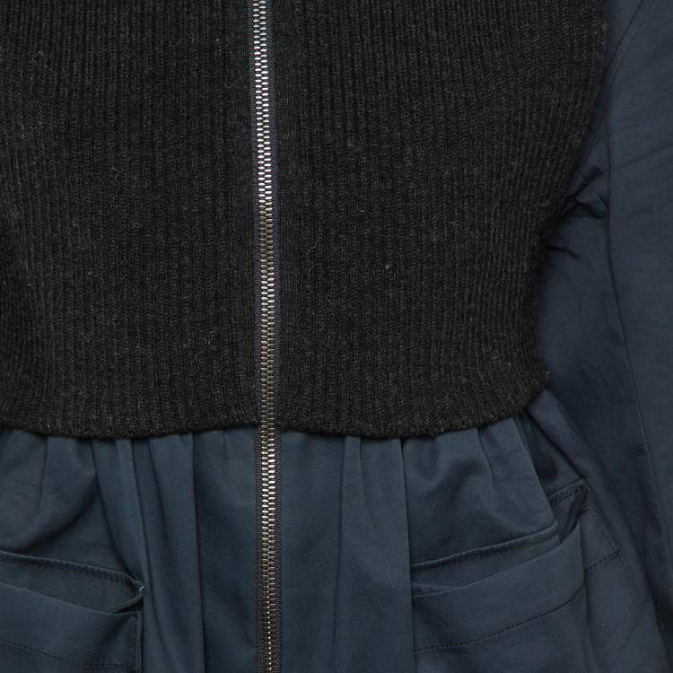 Pre Owned Kenzo Black/Navy Blue Rib Knit and Cotton Pleated Zip-Up Jacket M