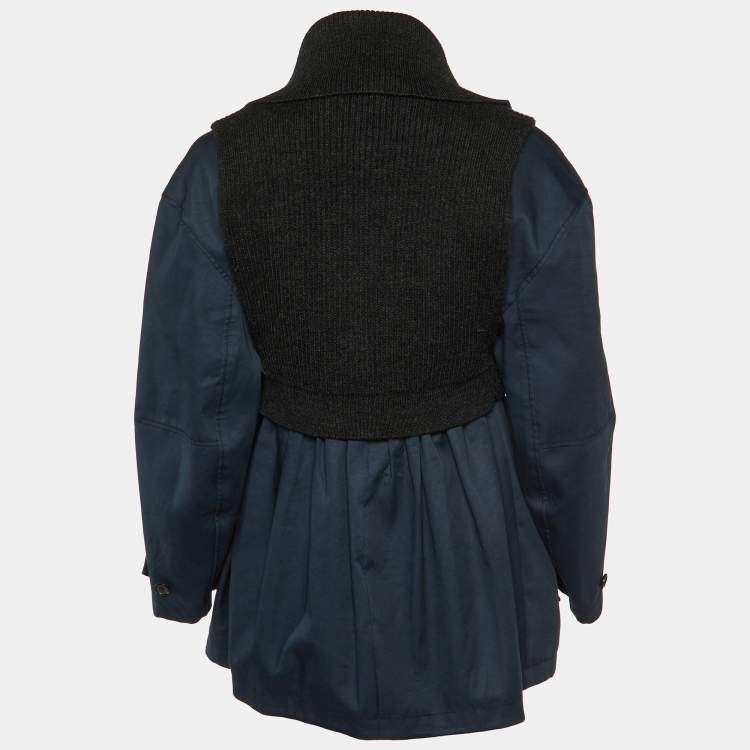 Pre Owned Kenzo Black/Navy Blue Rib Knit and Cotton Pleated Zip-Up Jacket M