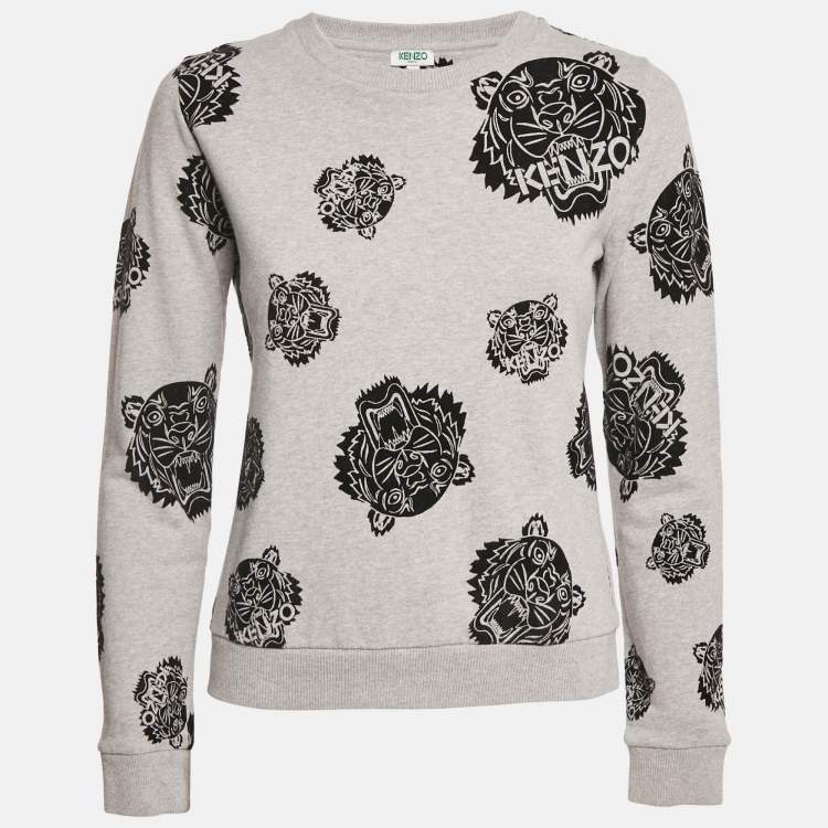 Pre Owned Kenzo Grey Tiger Flock Print Cotton Sweatshirt S
