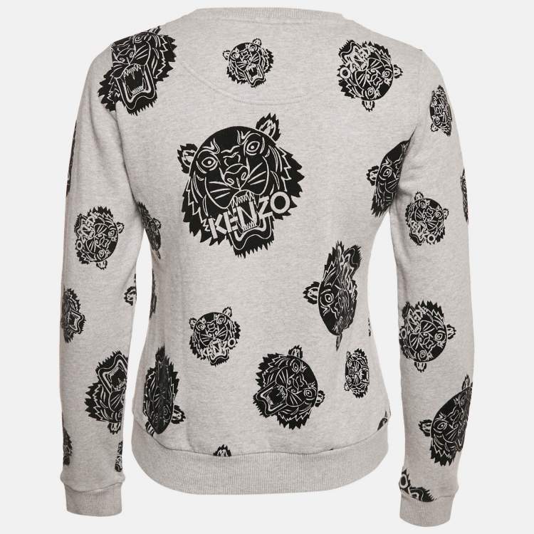Pre Owned Kenzo Grey Tiger Flock Print Cotton Sweatshirt S