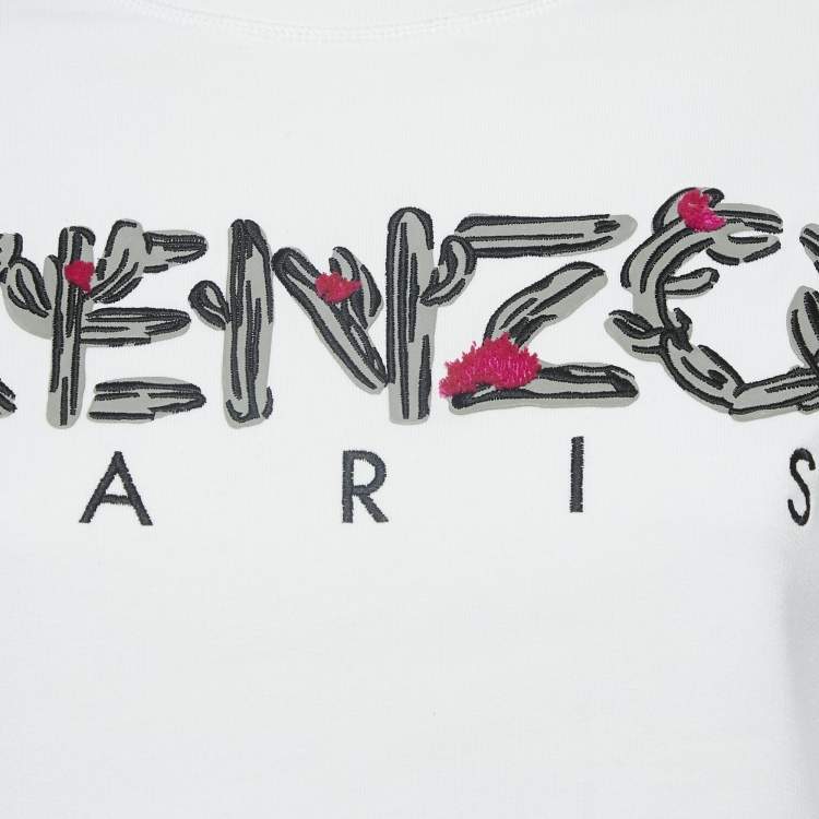 Pre Owned Kenzo White Logo Embroidered Cotton Crew Neck Sweatshirt S