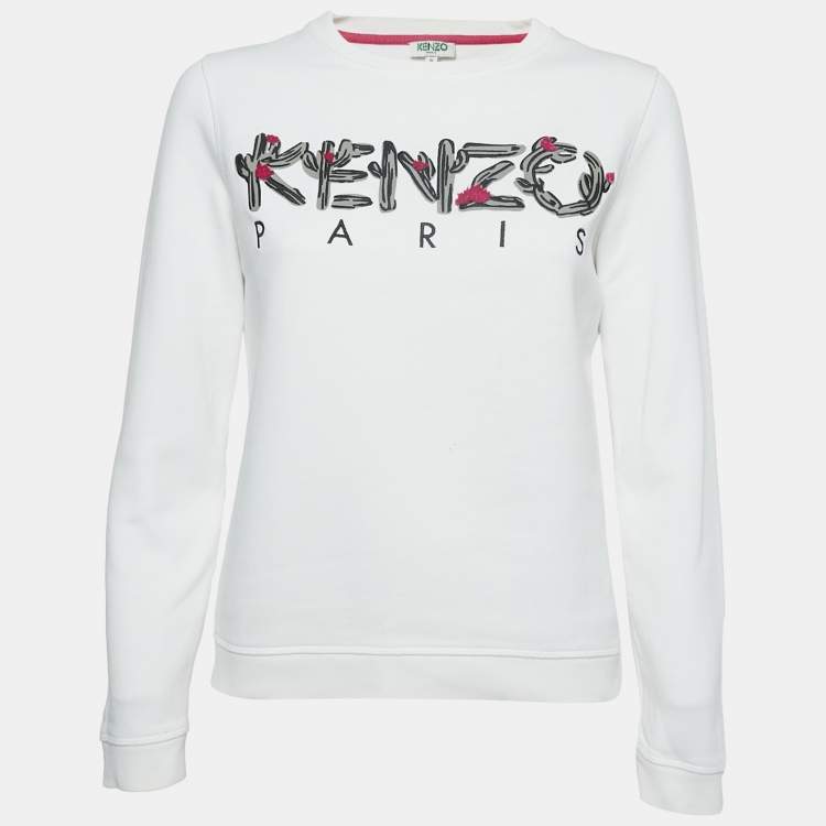 Pre Owned Kenzo White Logo Embroidered Cotton Crew Neck Sweatshirt S