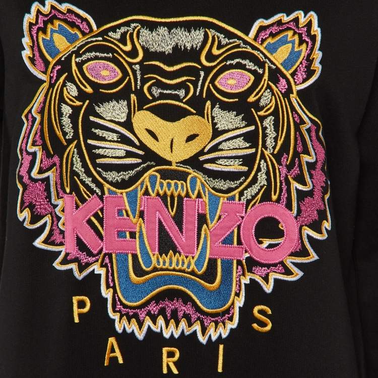 Pre Owned Kenzo Black Tiger Embroidered Cotton Sweatshirt Dress L